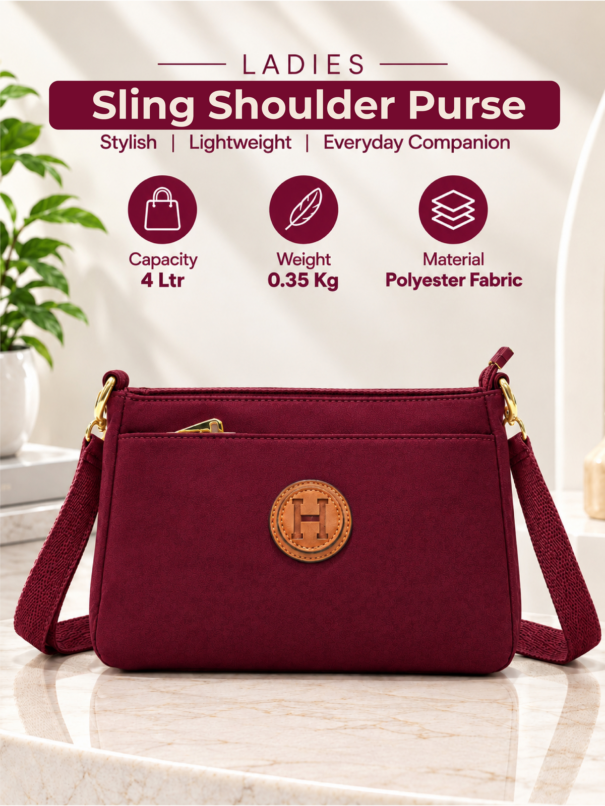 Ladies Nylon Sling Shoulder Bag - Burgundy