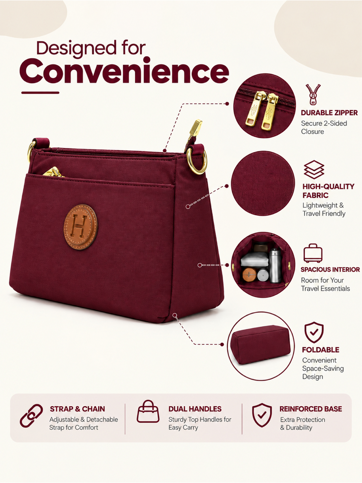 Ladies Nylon Sling Shoulder Bag - Burgundy