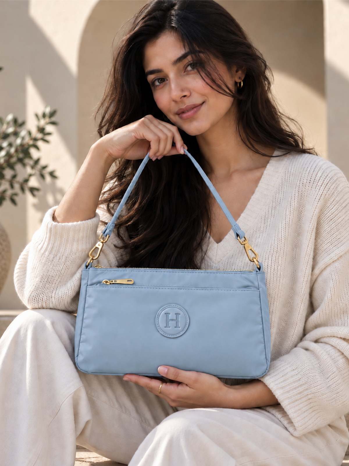 Ladies Nylon Sling Shoulder Bag - Light Blue