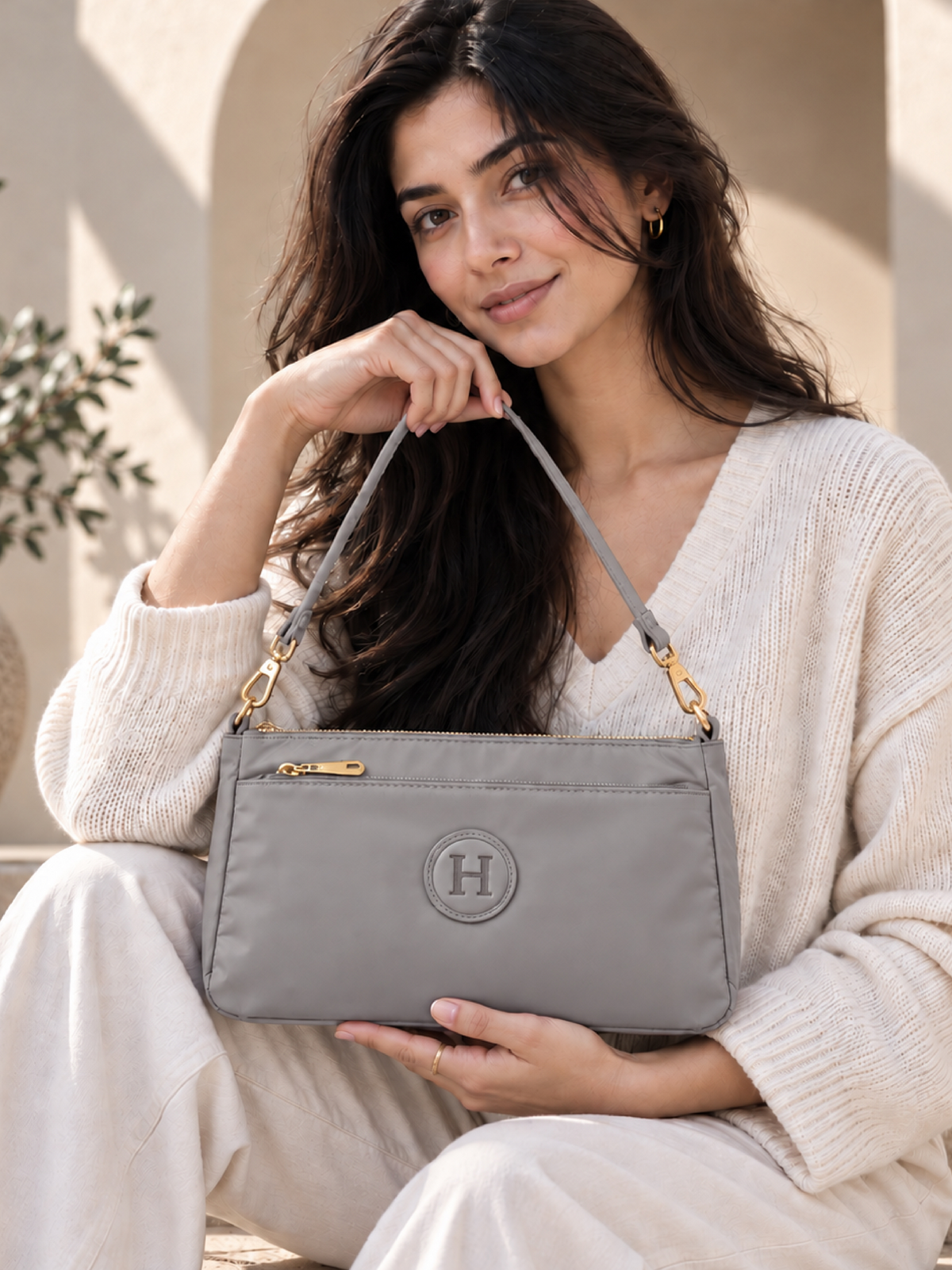 Ladies Nylon Sling Shoulder Bag - Dark Grey