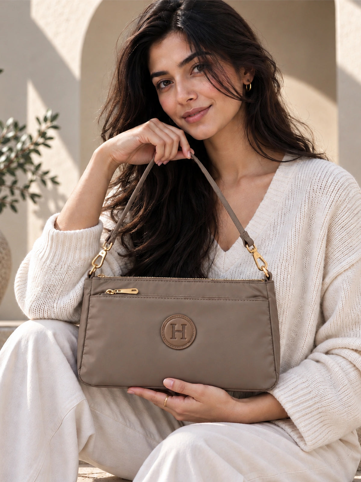 Ladies Nylon Sling Shoulder Bag - Taupe