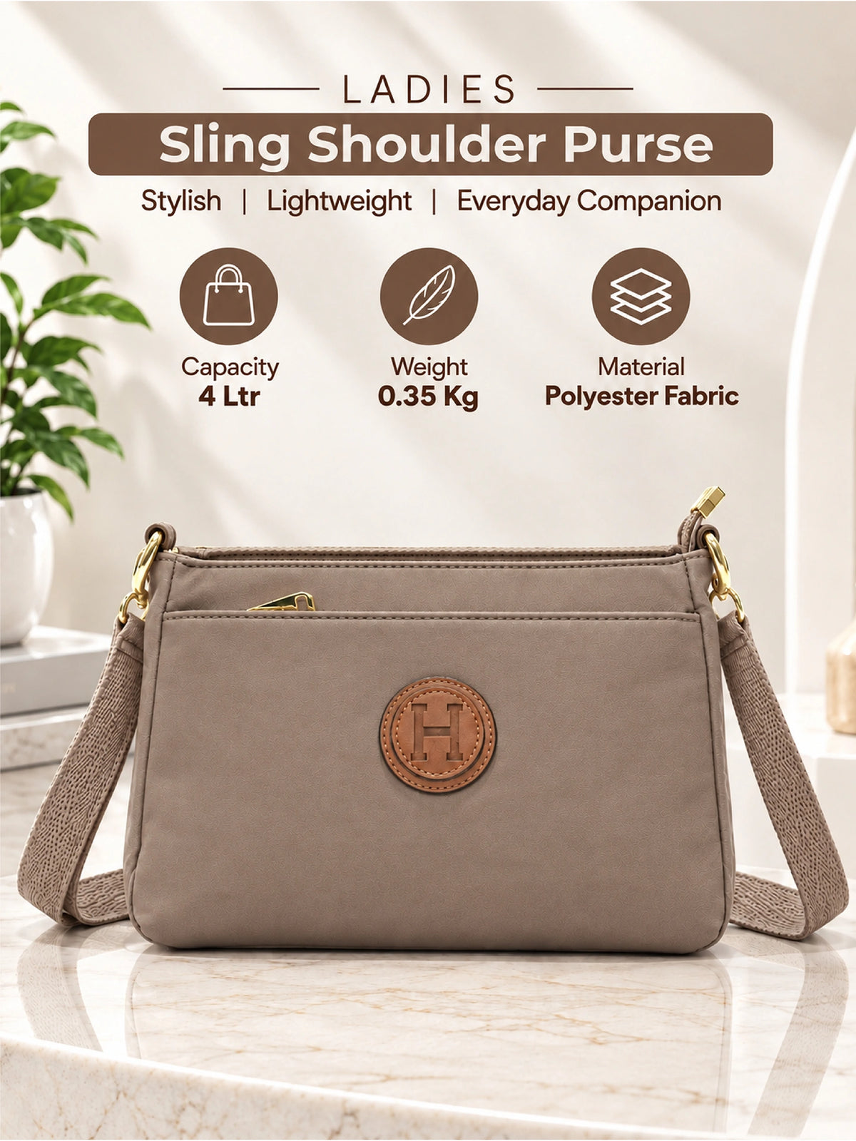 Ladies Nylon Sling Shoulder Bag - Taupe