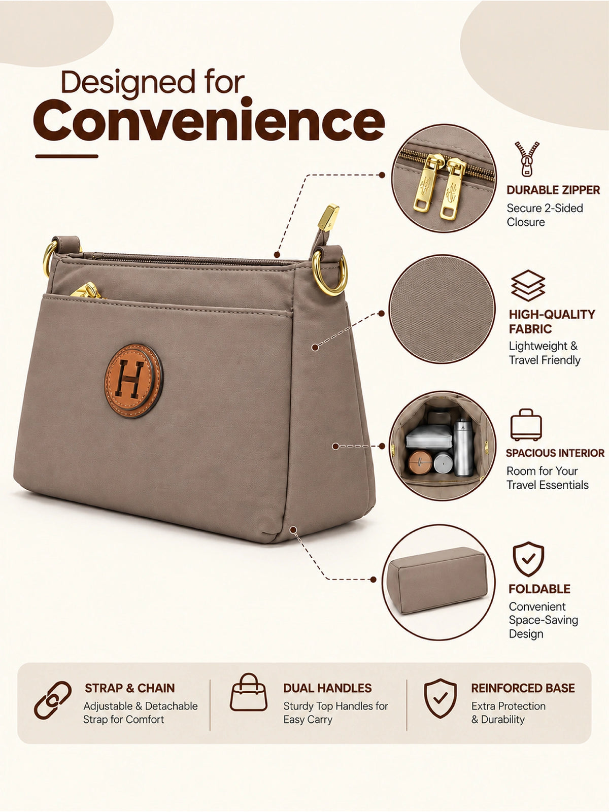 Ladies Nylon Sling Shoulder Bag - Taupe
