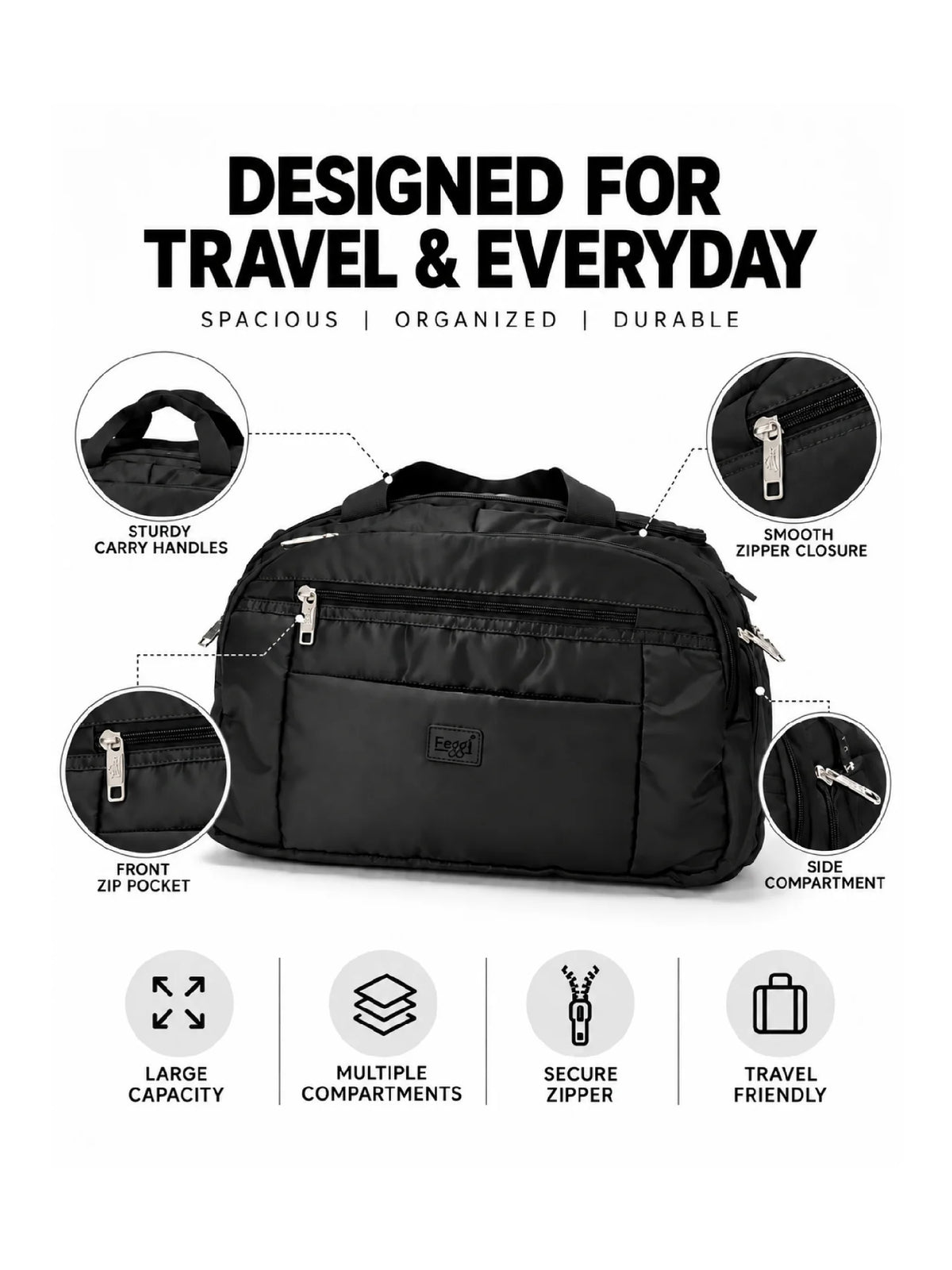 Feegi Multi-Pocket Travel Business Bag – Black