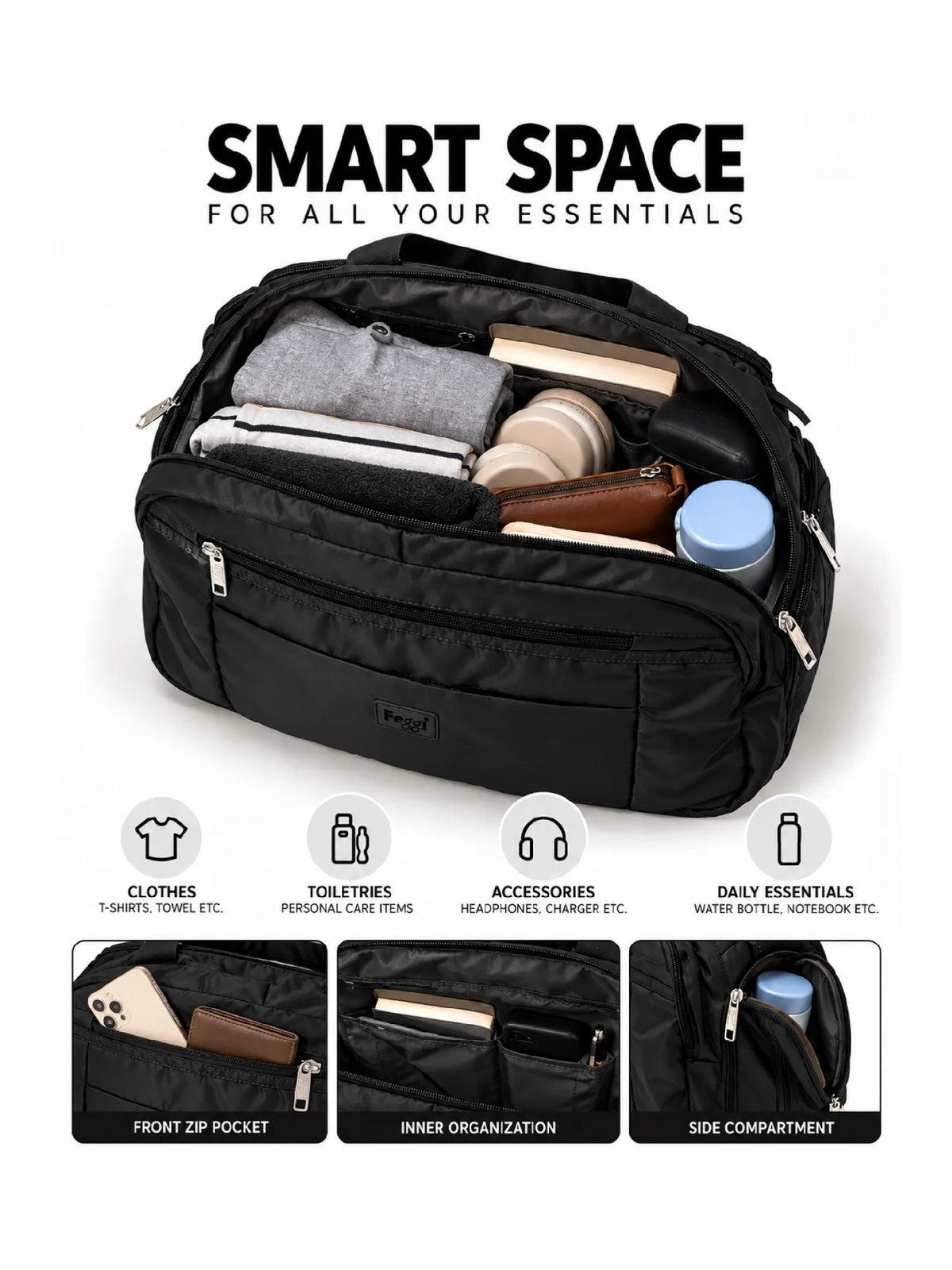 Feegi Multi-Pocket Travel Business Bag – Black