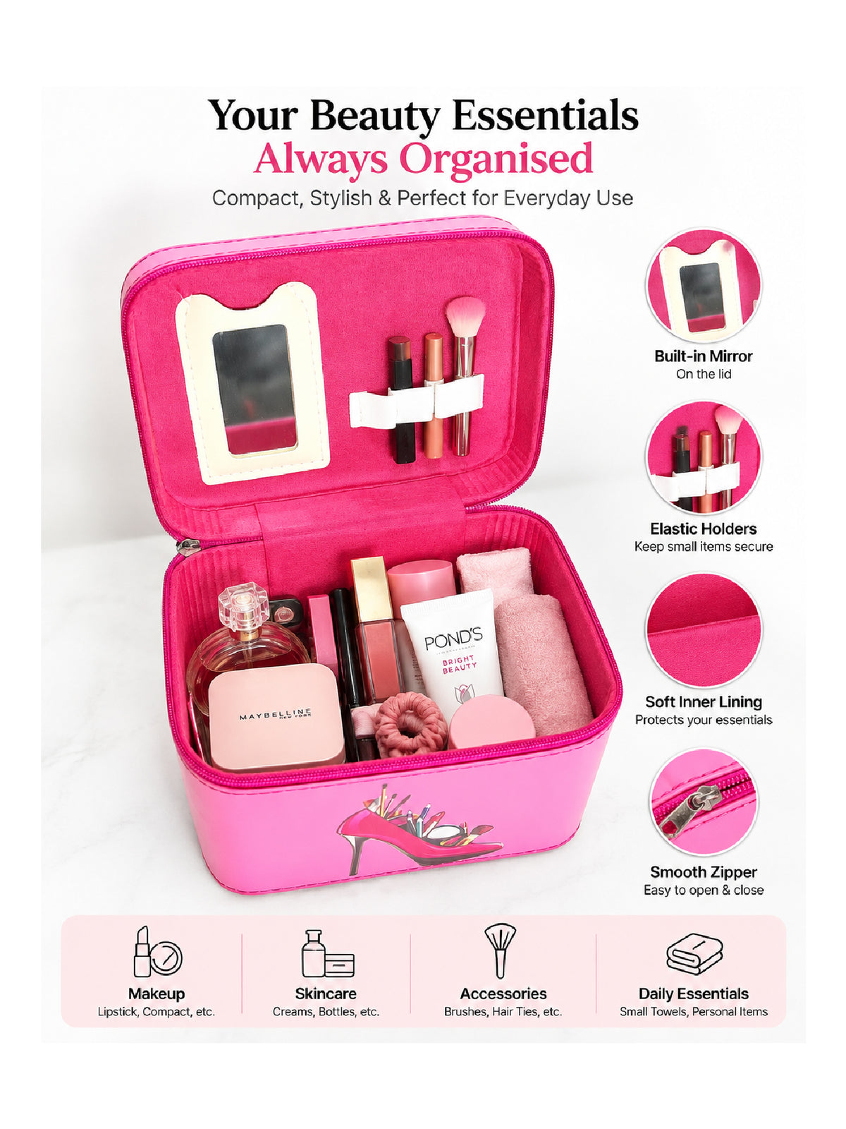 Premium 3-Piece Vanity Case Set – Hot Pink Makeup Organizer