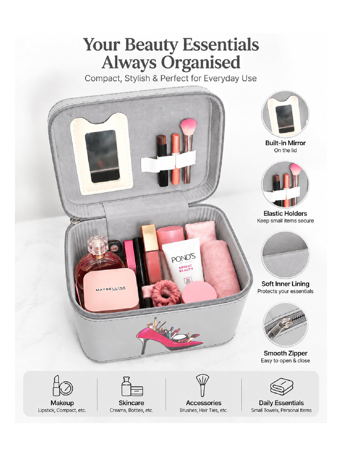 Premium 3-Piece Vanity Case Set – Grey Makeup Organizer