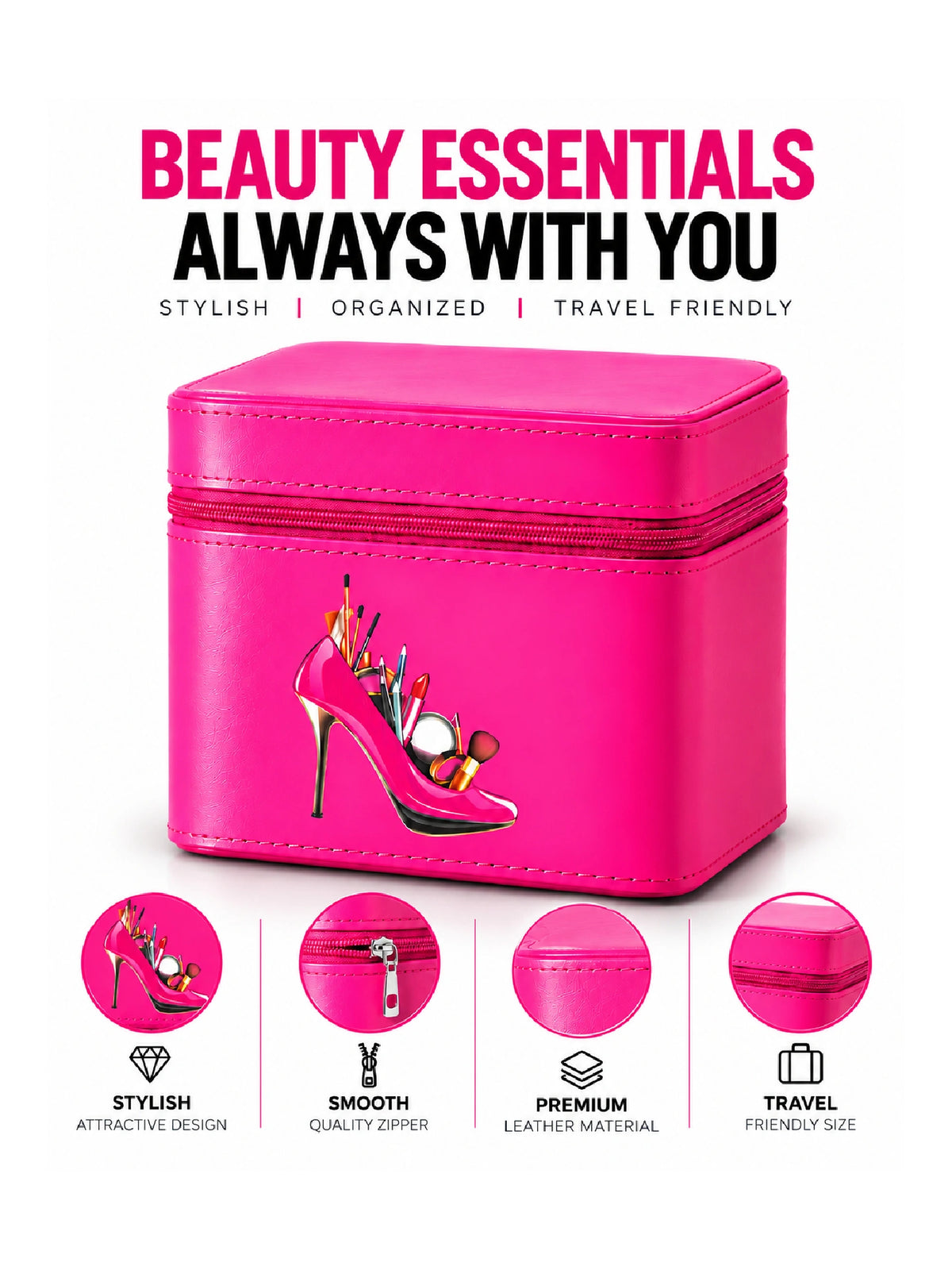 Premium 3-Piece Vanity Case Set – Hot Pink Makeup Organizer