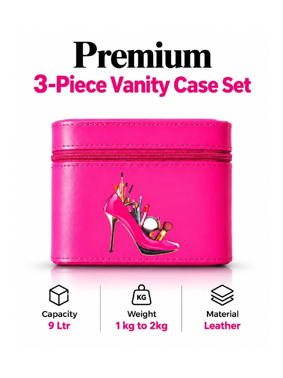 Premium 3-Piece Vanity Case Set – Hot Pink Makeup Organizer
