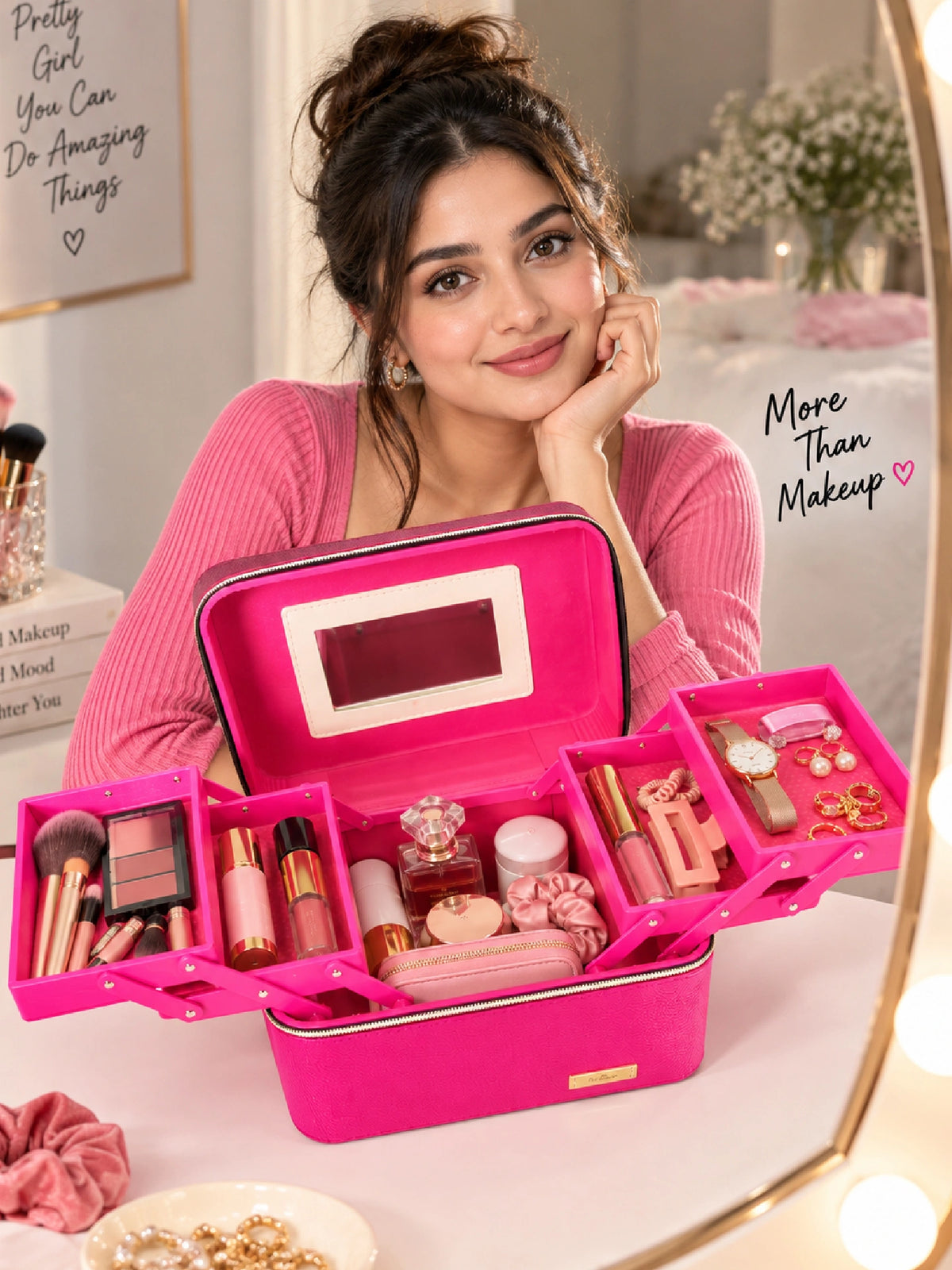 Premium 3-Piece Vanity Case Set – Hot Pink Makeup Organizer