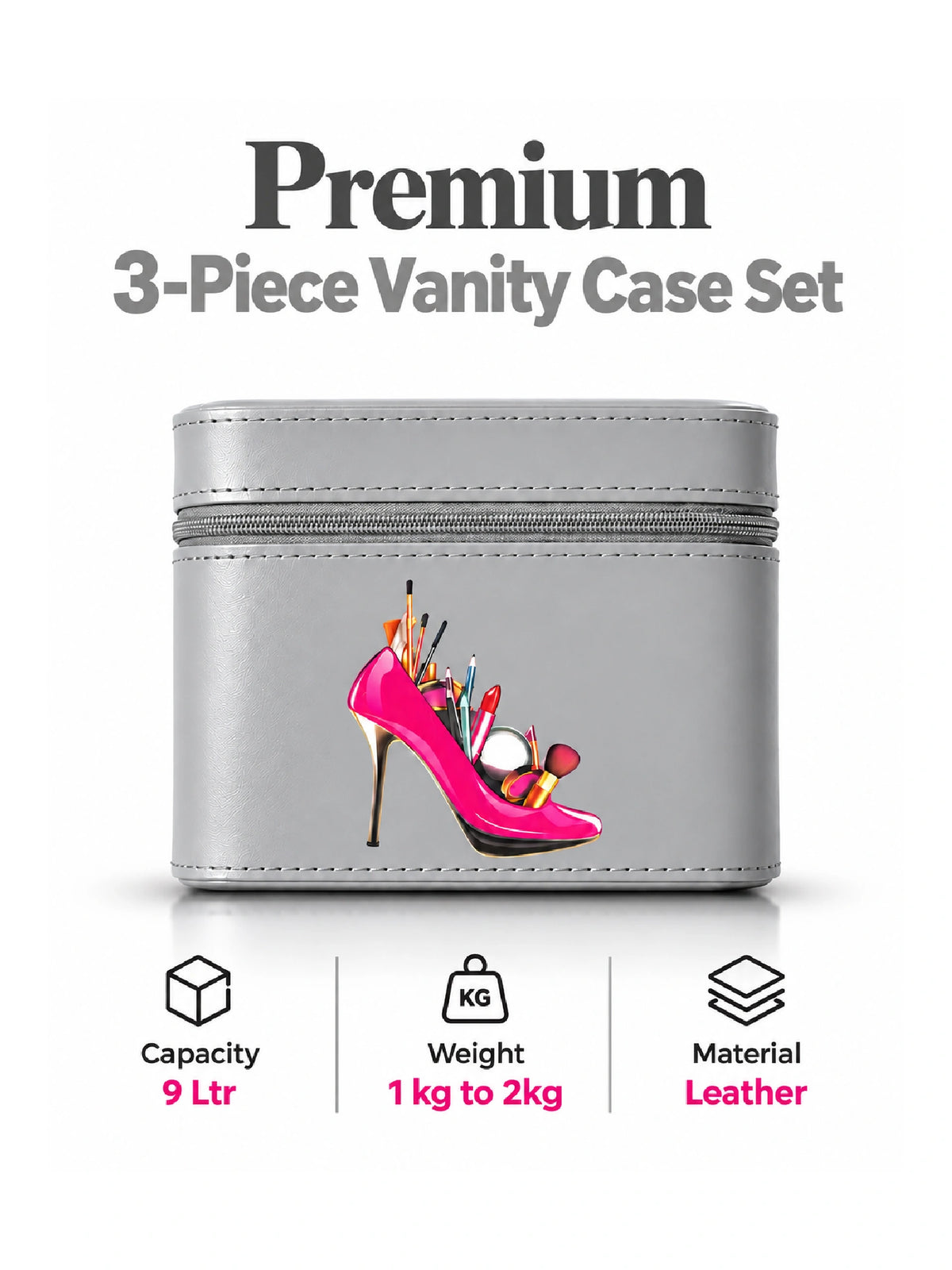Premium 3-Piece Vanity Case Set – Grey Makeup Organizer