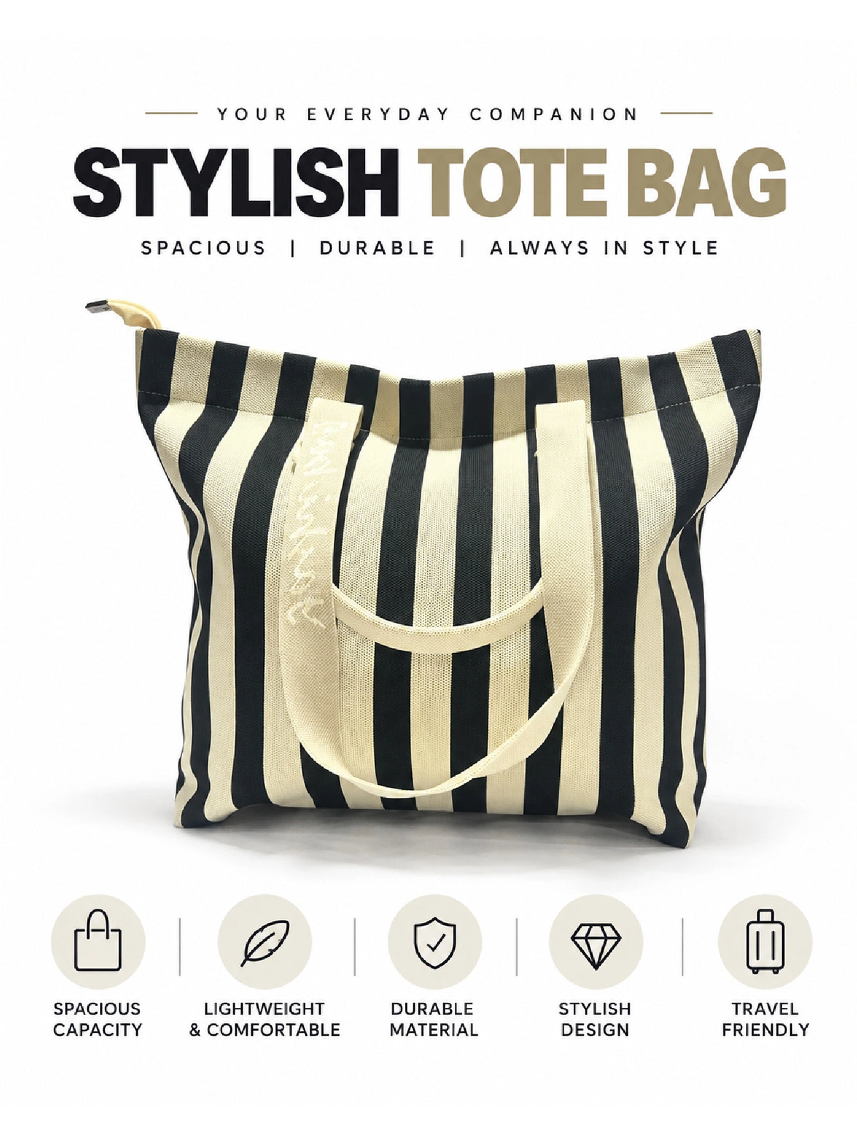 Striped Canvas Tote Bag for Women - Black Strip