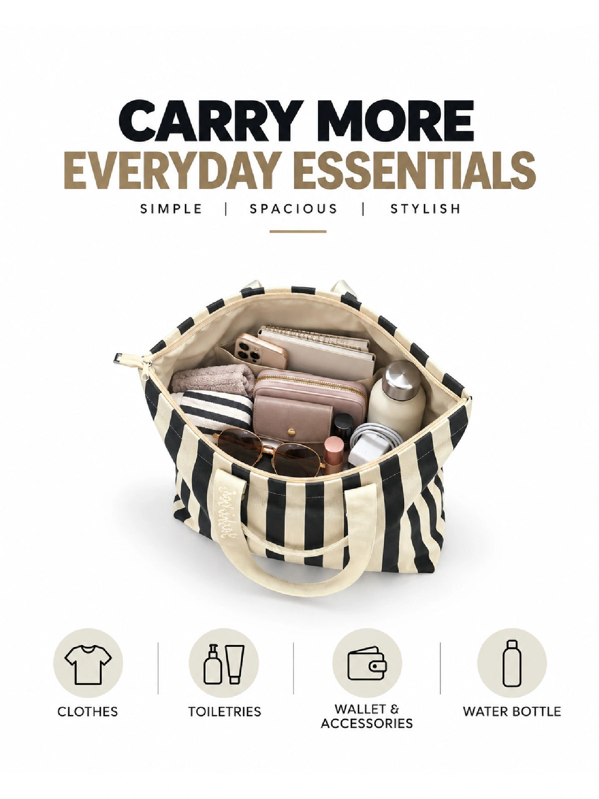 Striped Canvas Tote Bag for Women - Black Strip