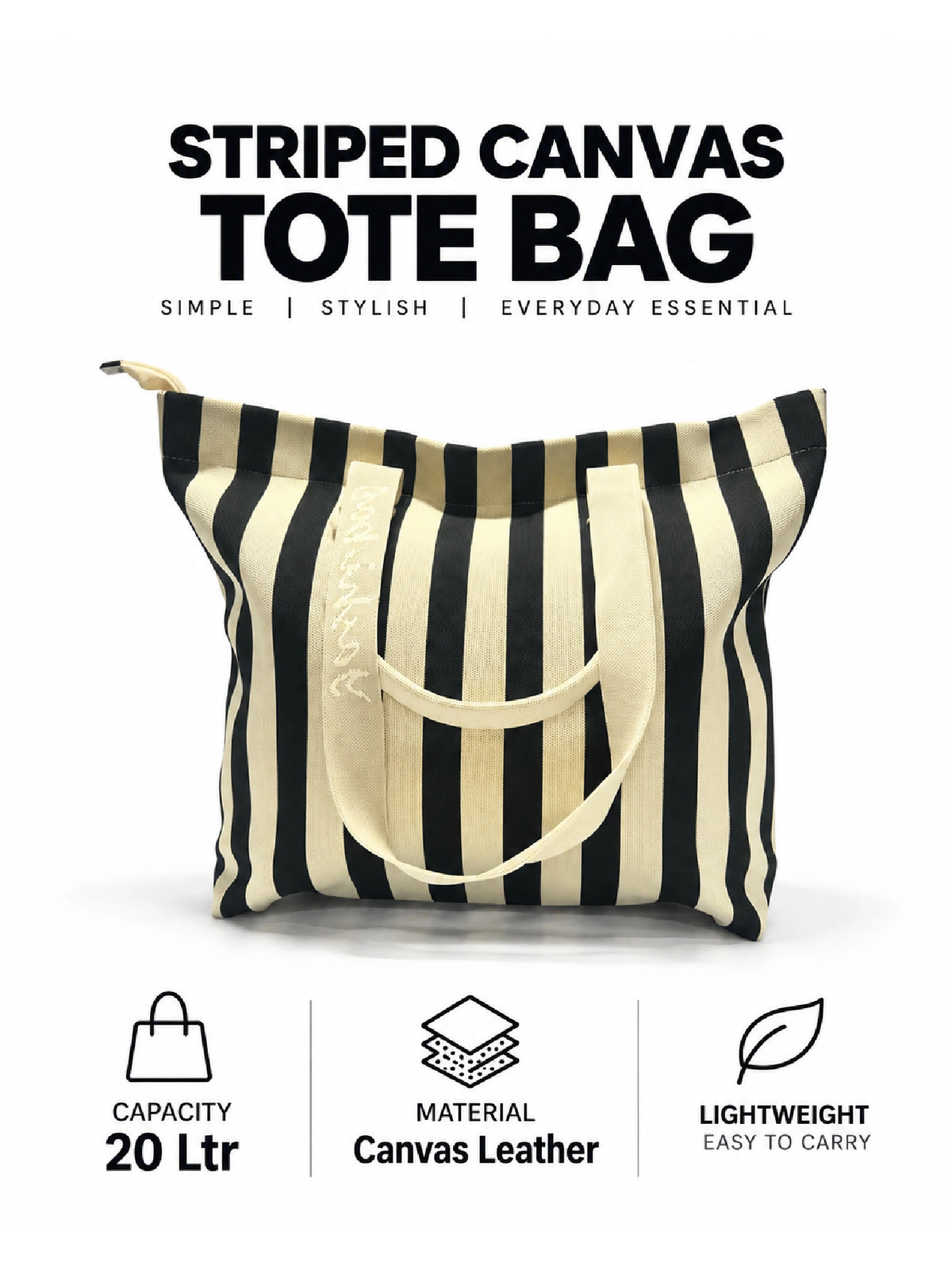 Striped Canvas Tote Bag for Women - Black Strip
