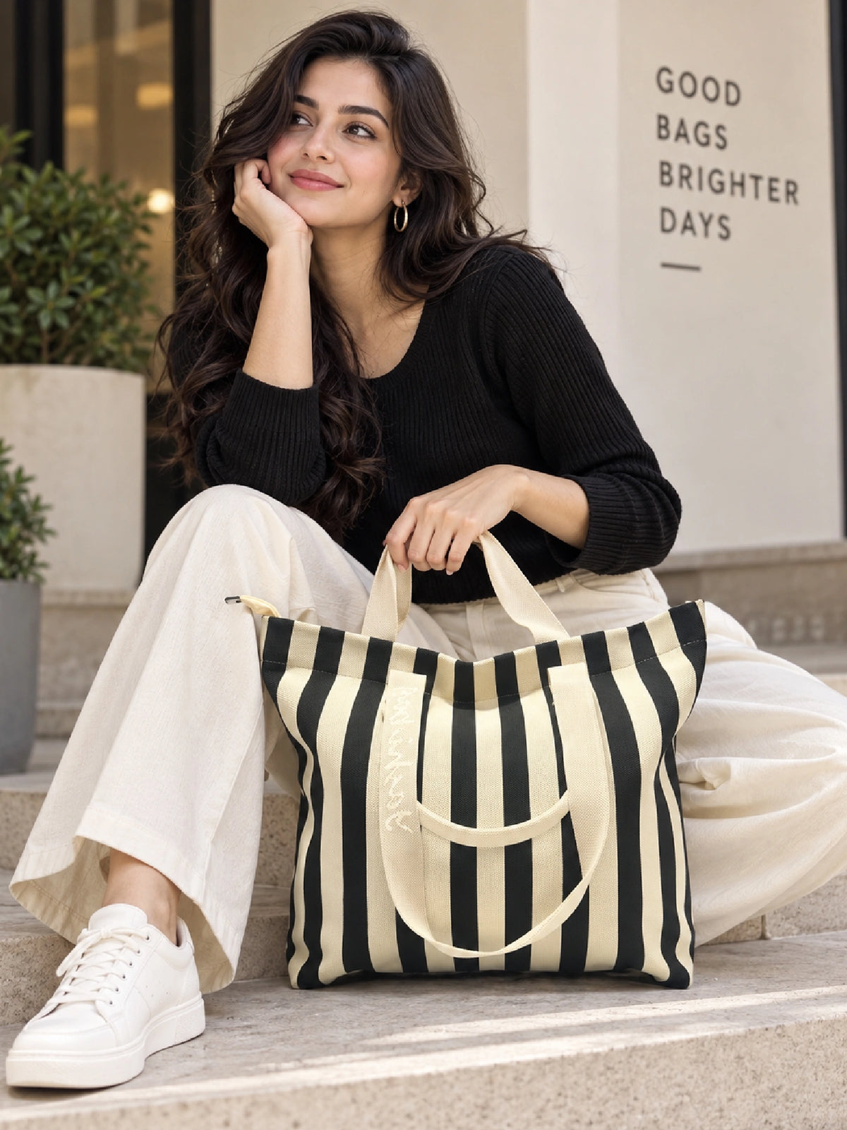 Striped Canvas Tote Bag for Women - Black Strip