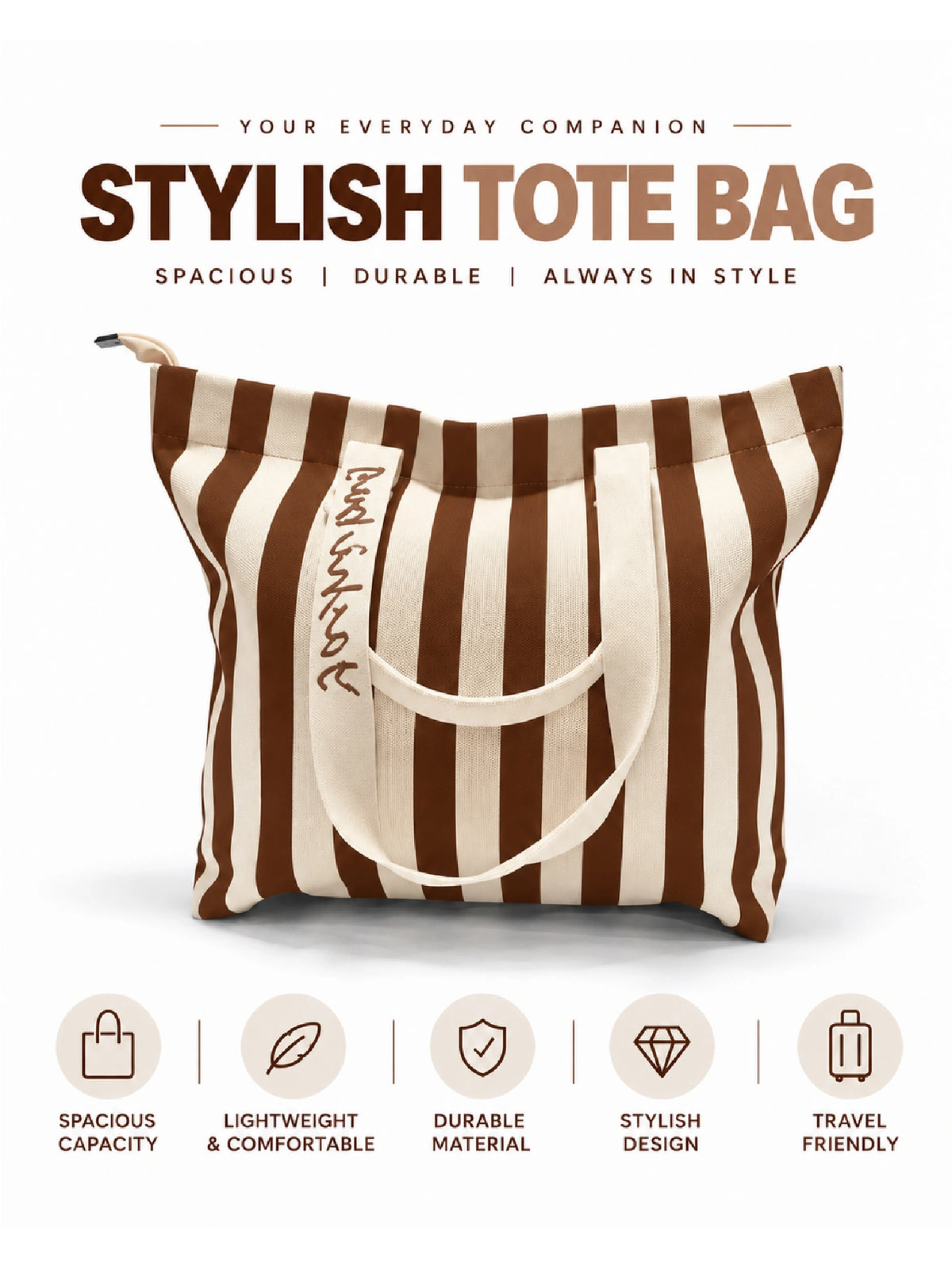 Striped Canvas Tote Bag for Women - Brown Strip