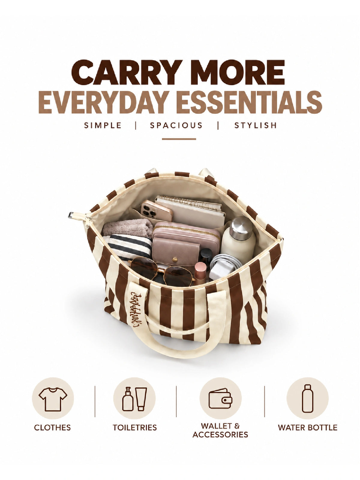 Striped Canvas Tote Bag for Women - Brown Strip