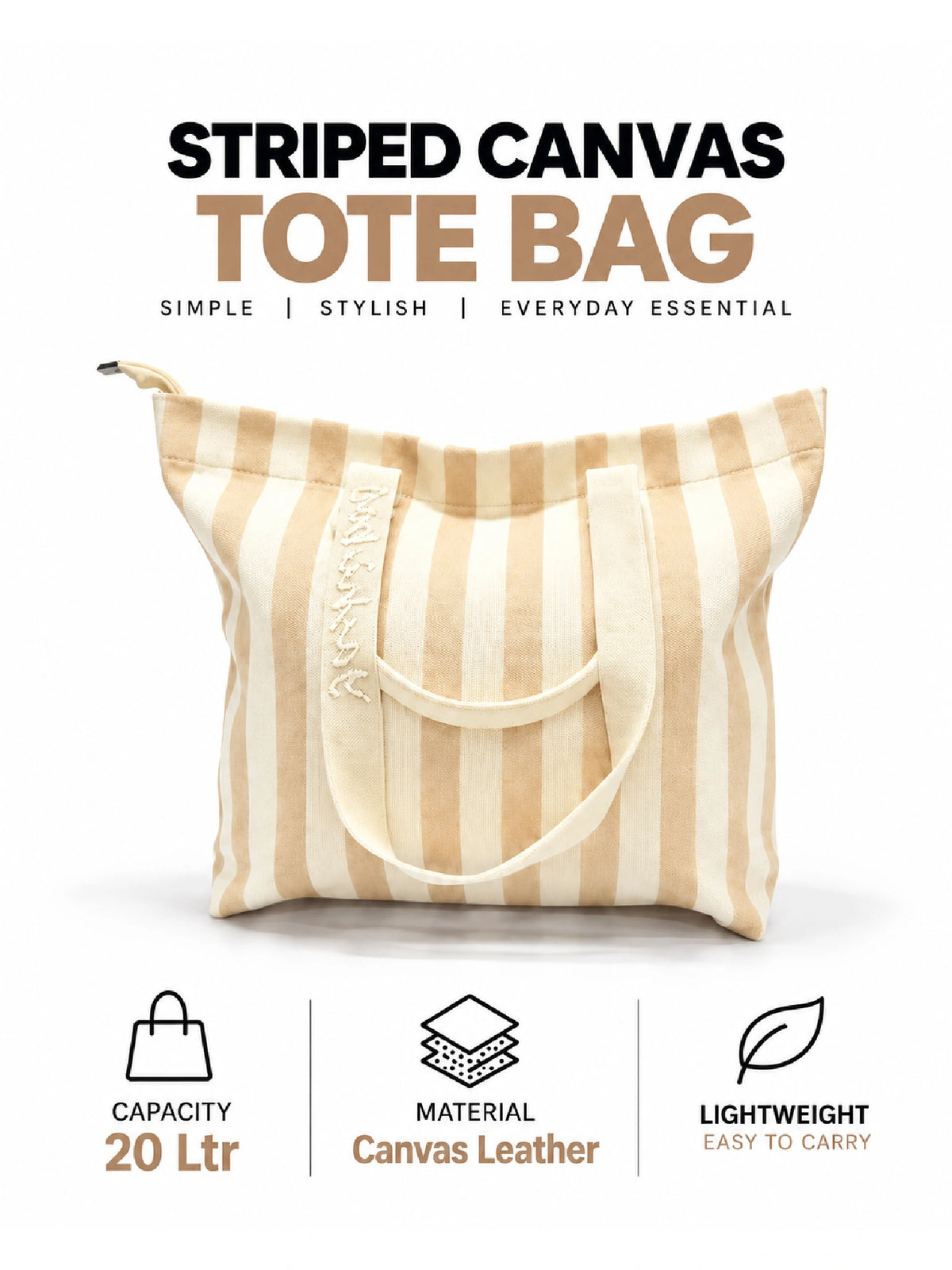 Striped Canvas Tote Bag for Women - Cream Strip