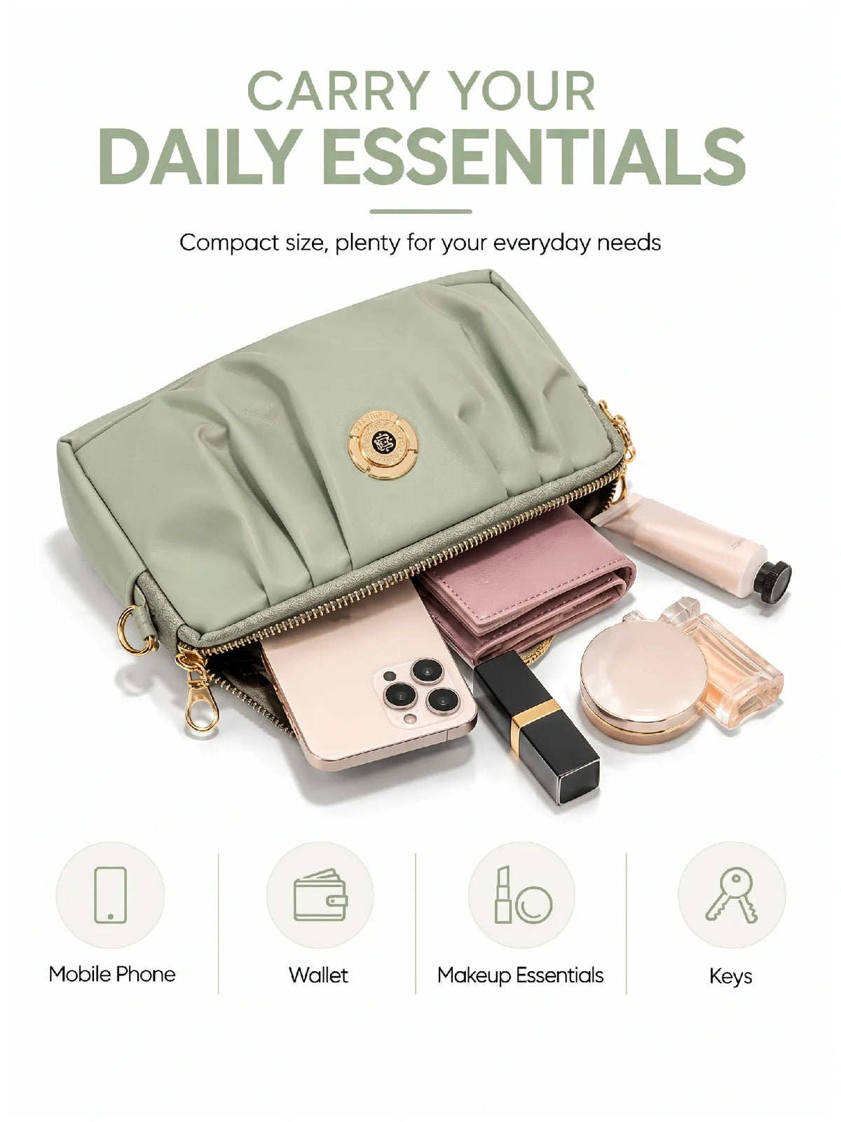 Pleated PU Leather Crossbody Bag - Light Sage Green