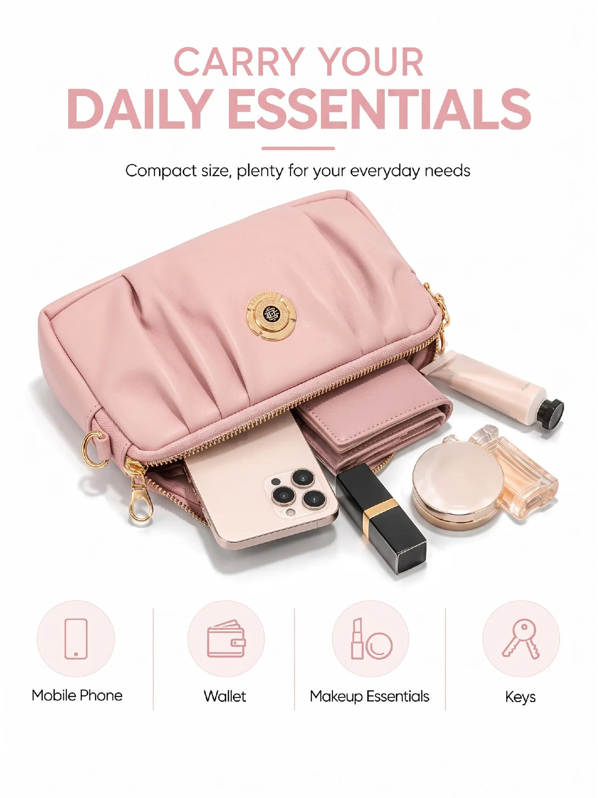 Pleated PU Leather Crossbody Bag - Baby Pink