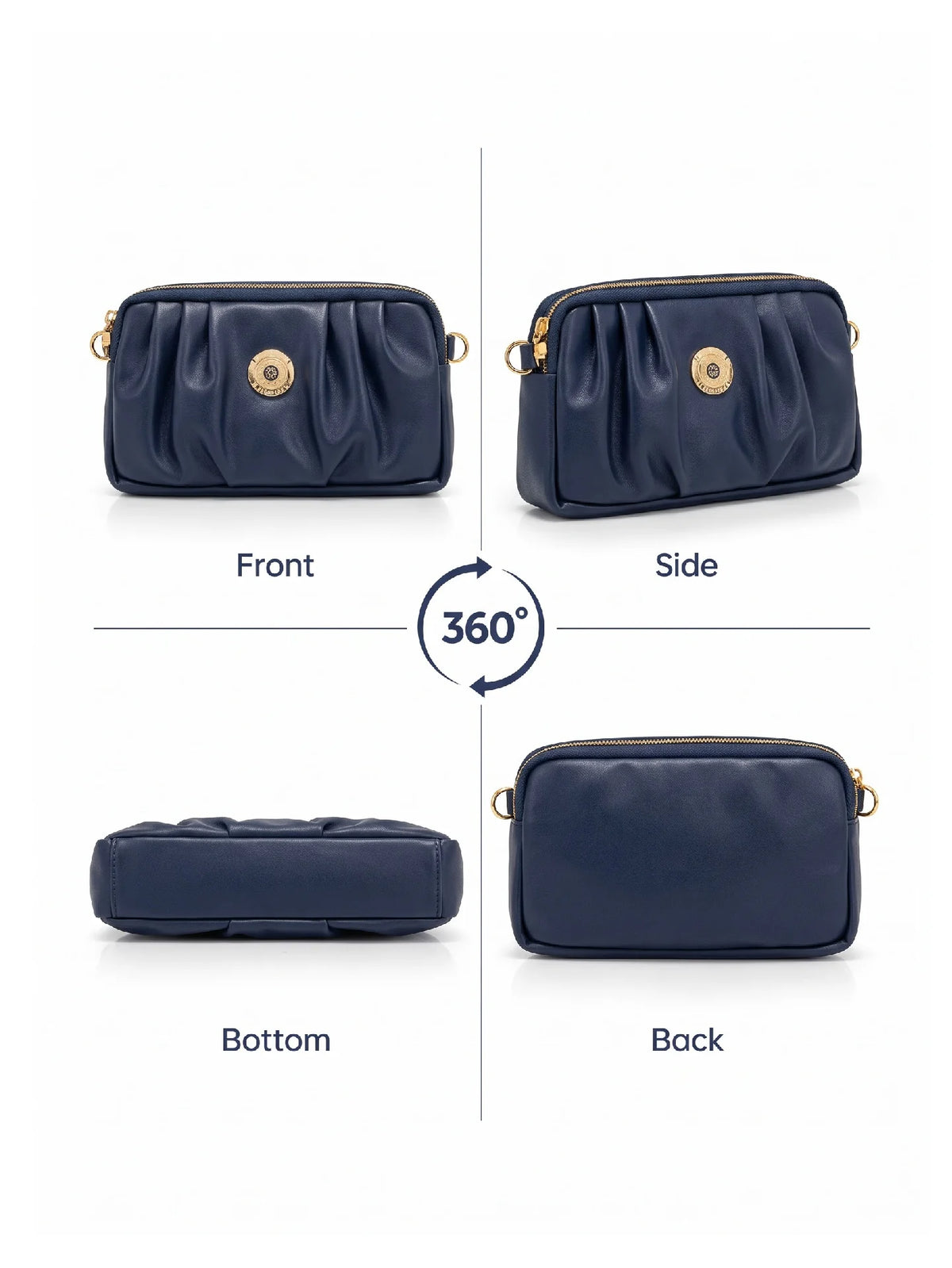 Pleated PU Leather Crossbody Bag - Navy Blue