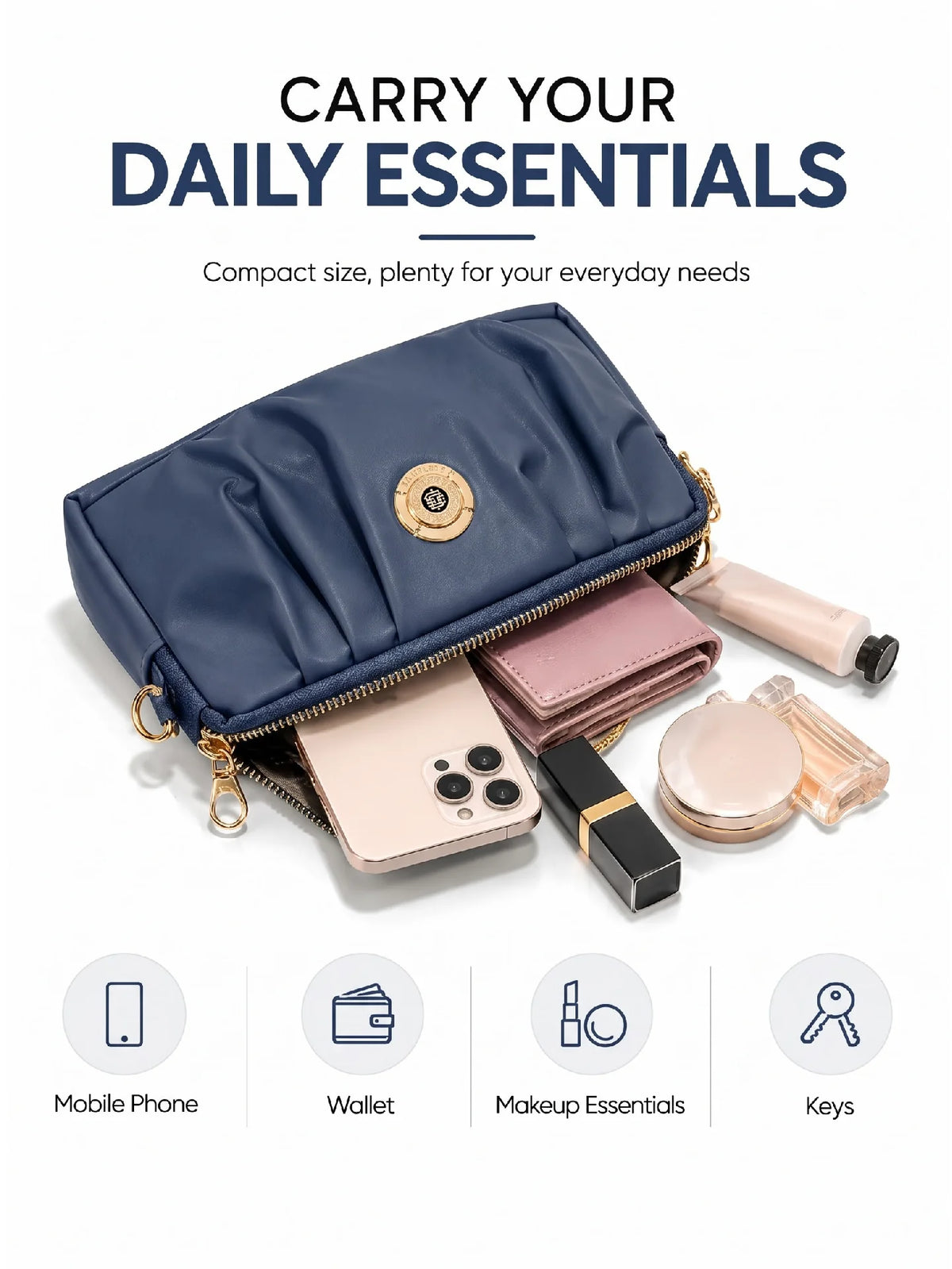 Pleated PU Leather Crossbody Bag - Navy Blue