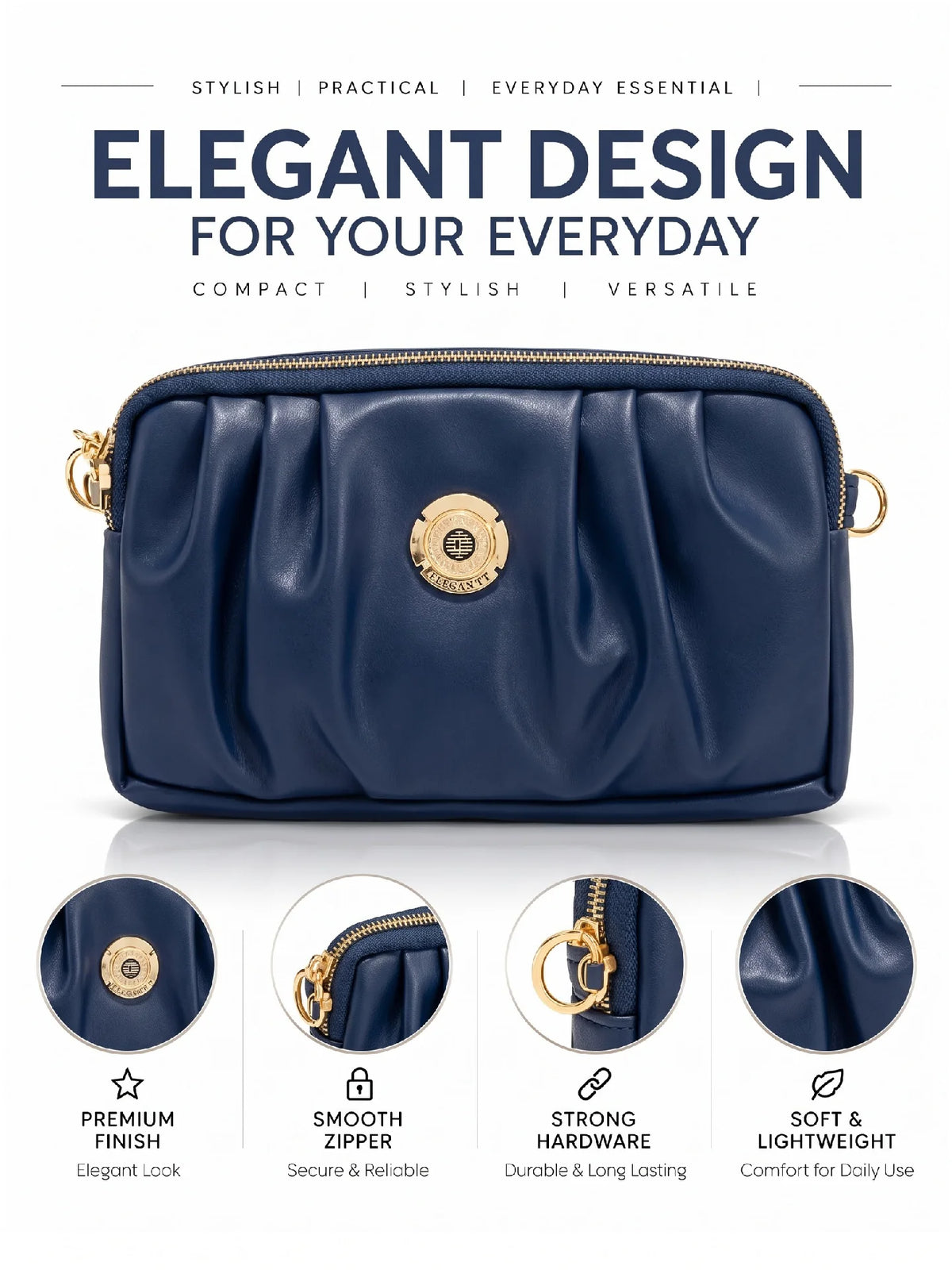 Pleated PU Leather Crossbody Bag - Navy Blue