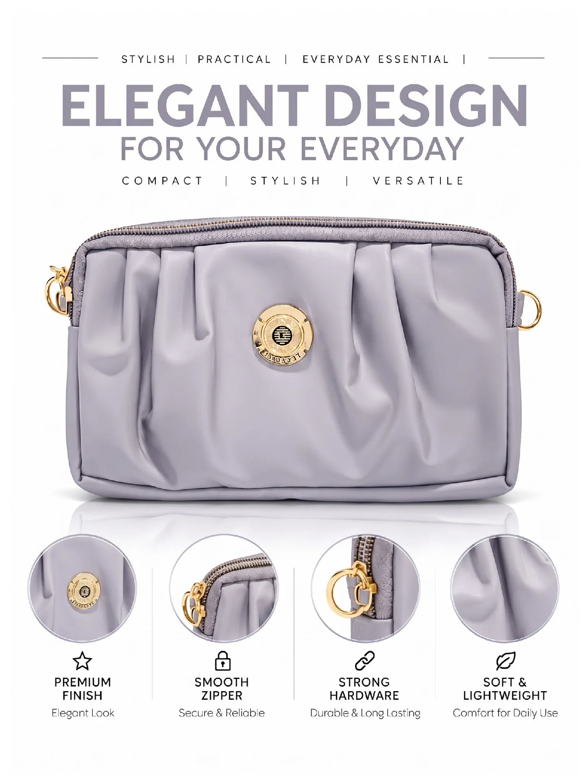 Pleated PU Leather Crossbody Bag - Light Lavender Grey
