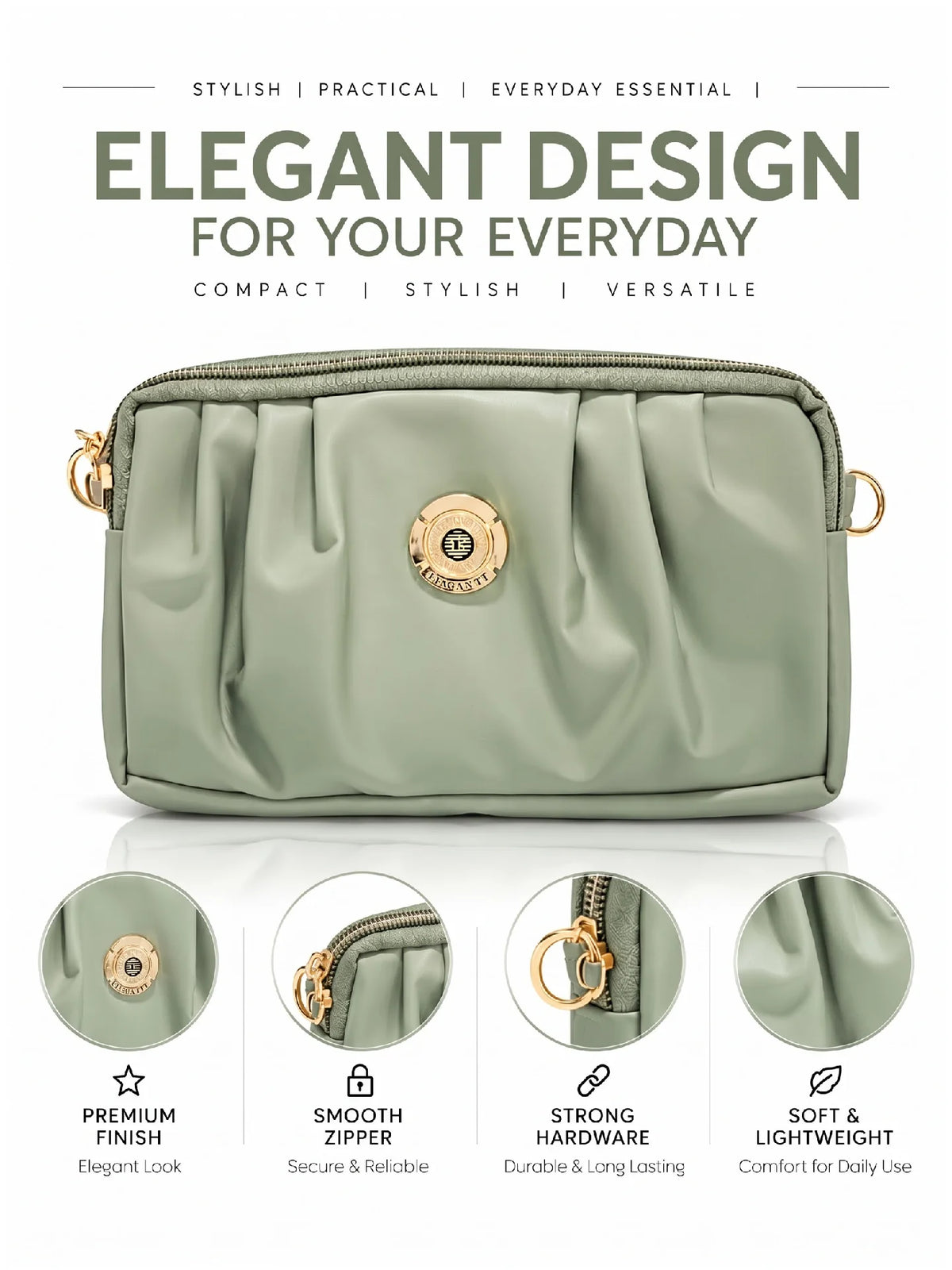 Pleated PU Leather Crossbody Bag - Light Sage Green