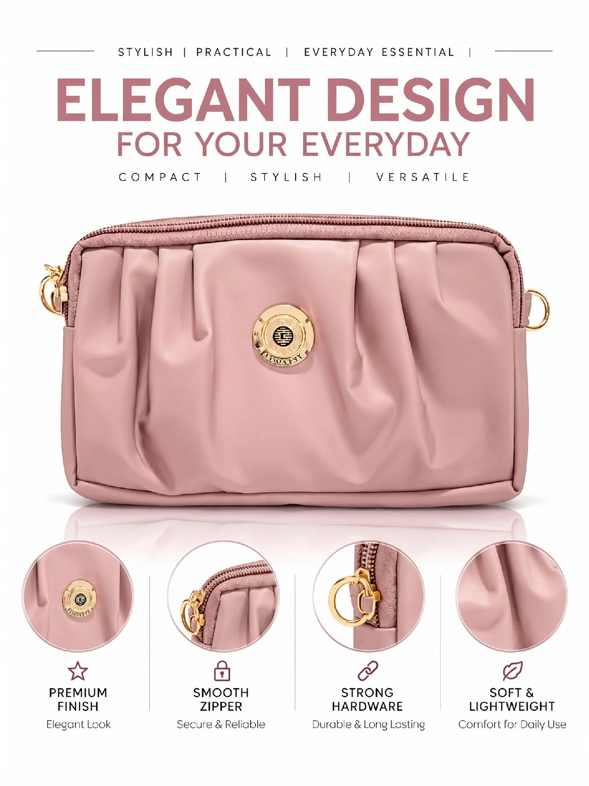 Pleated PU Leather Crossbody Bag - Baby Pink