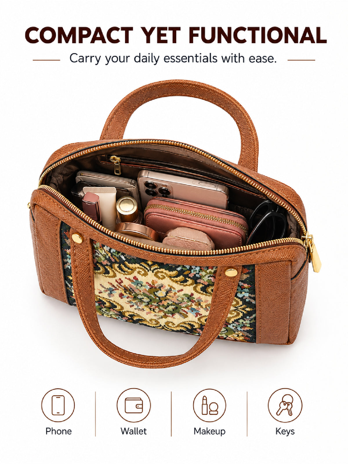 Karry House Floral Ladies Hand Purse Brown - compact yet functional, holds phone wallet makeup keys