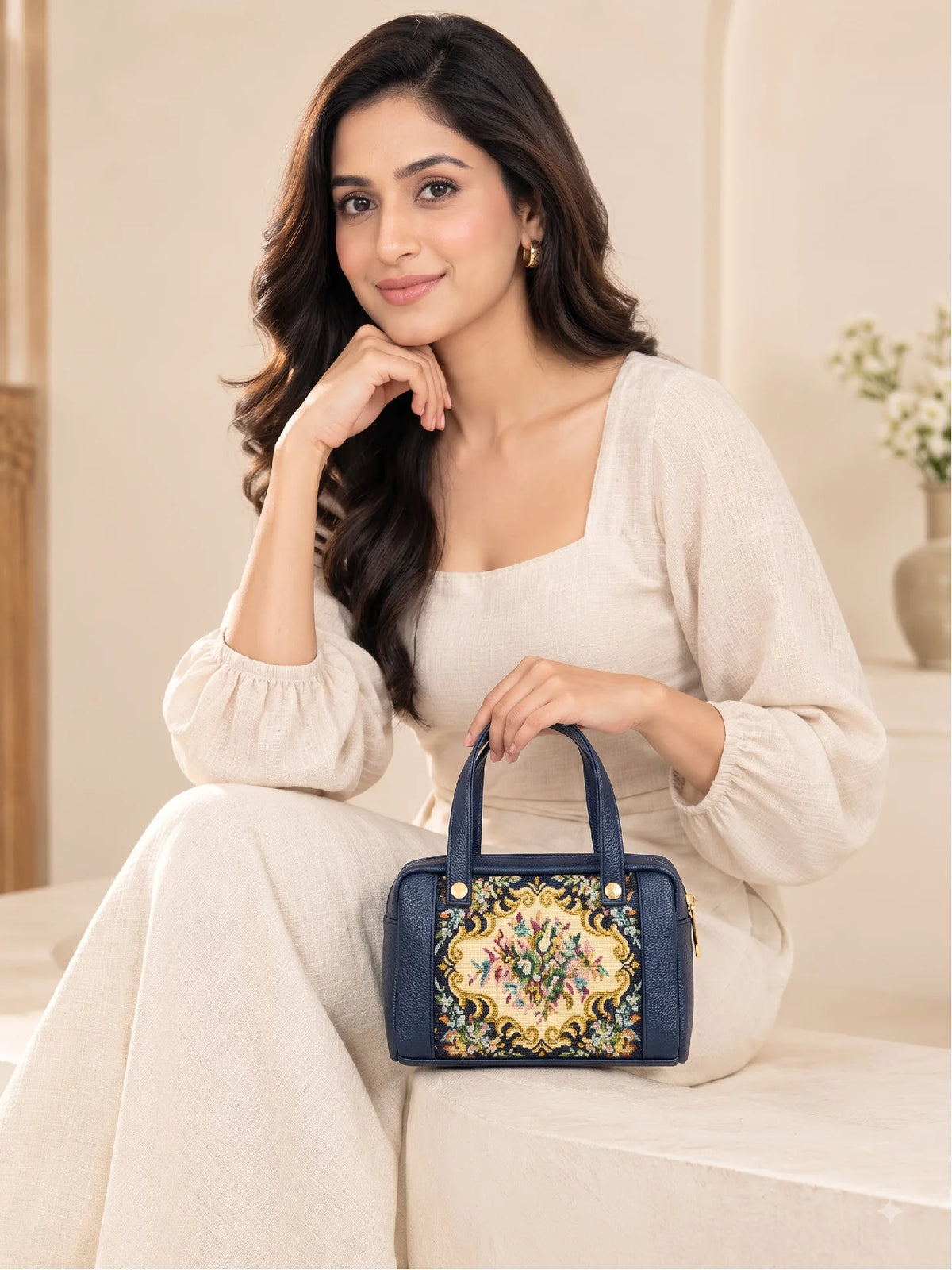 Karry House Floral Ladies Hand Purse – Navy Blue