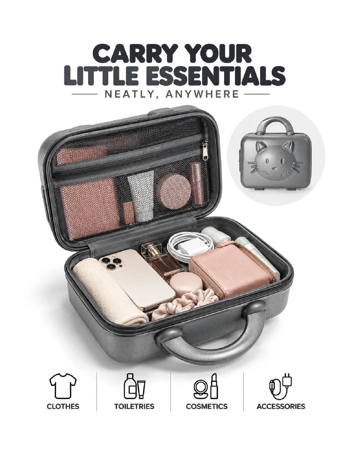 Karry House Kids Hard Shell Vanity Travel Bag – Grey Cat
