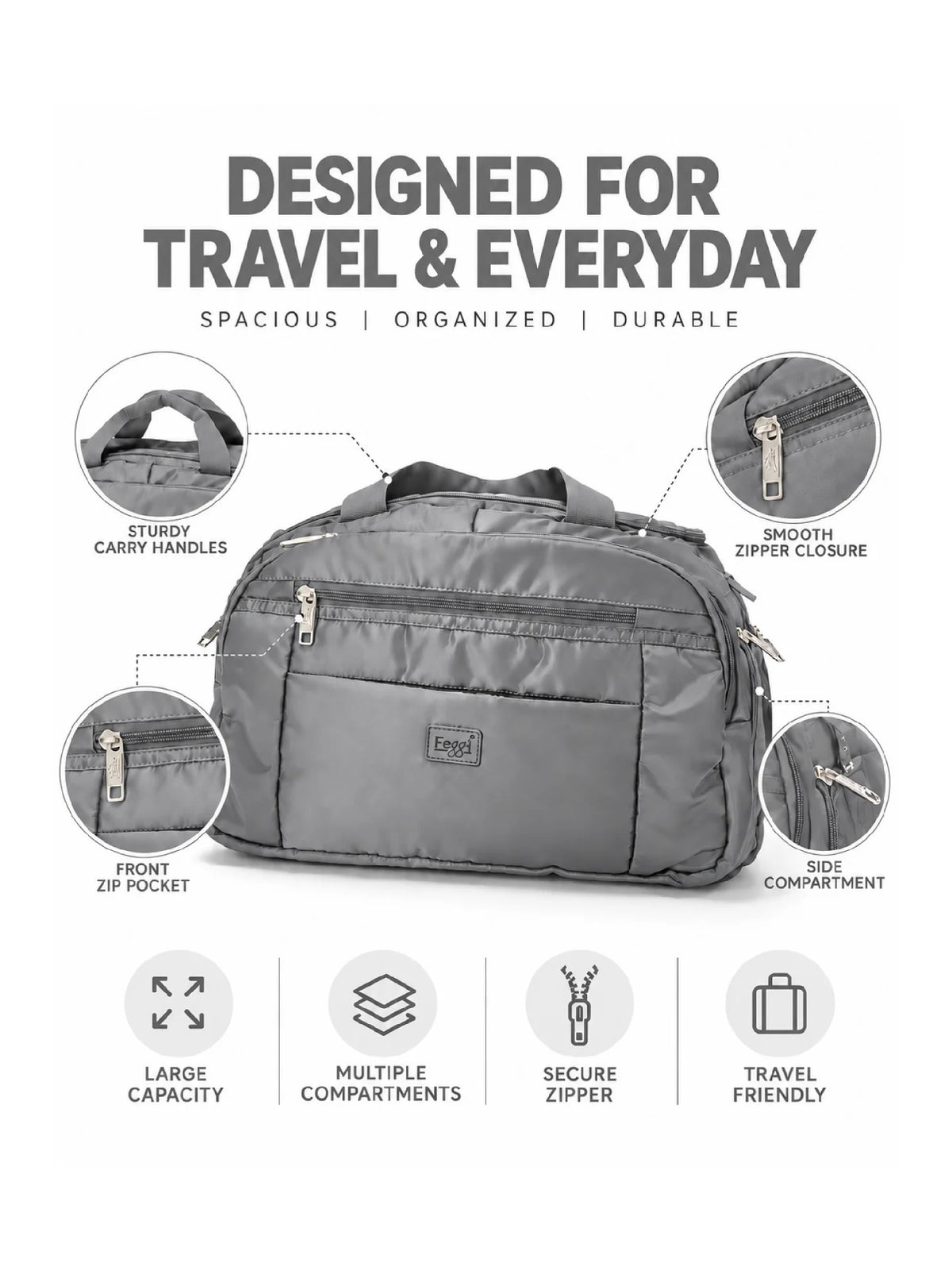 Feegi Multi-Pocket Travel Business Bag – Grey