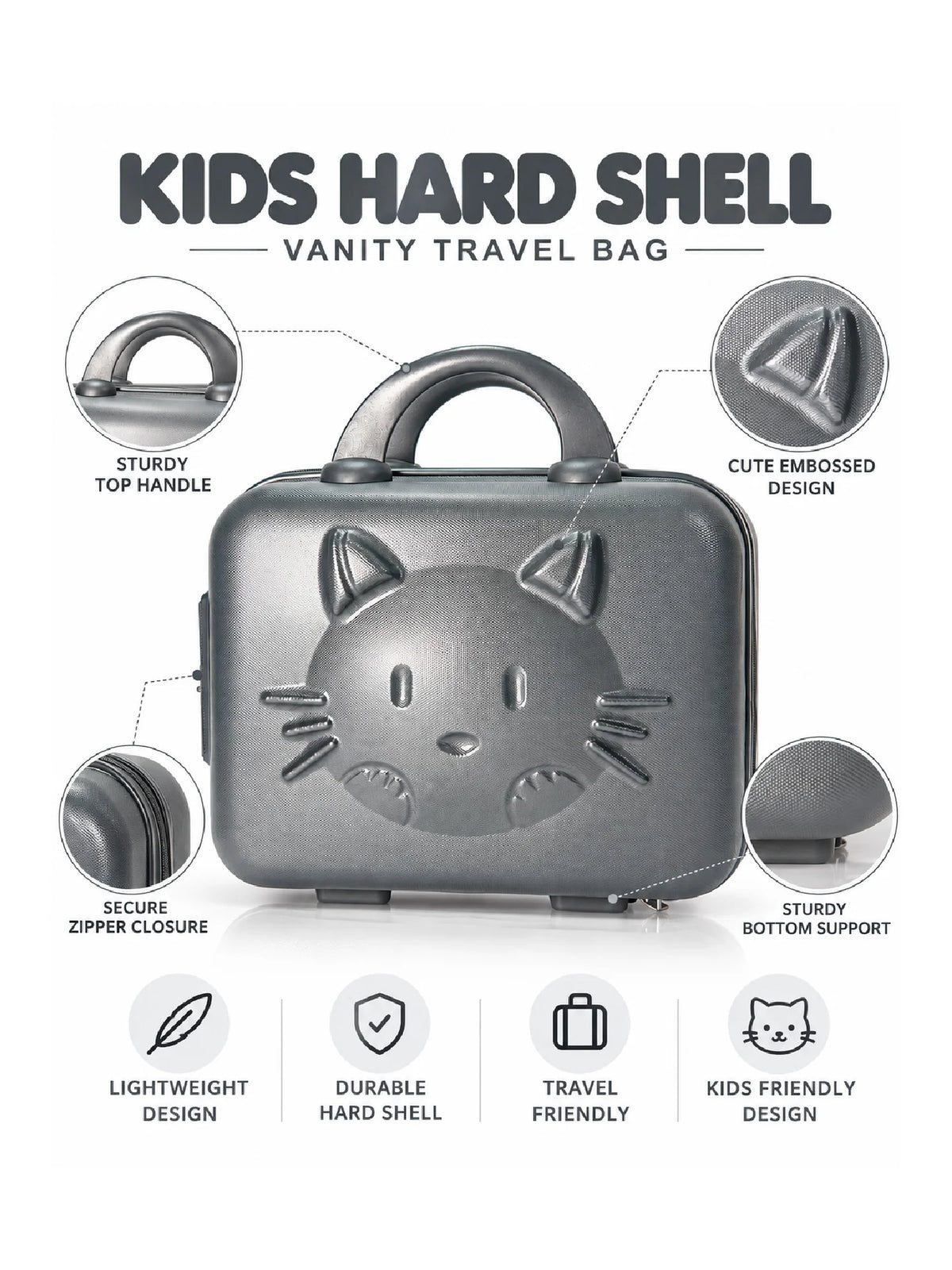 Karry House Kids Hard Shell Vanity Travel Bag – Grey Cat