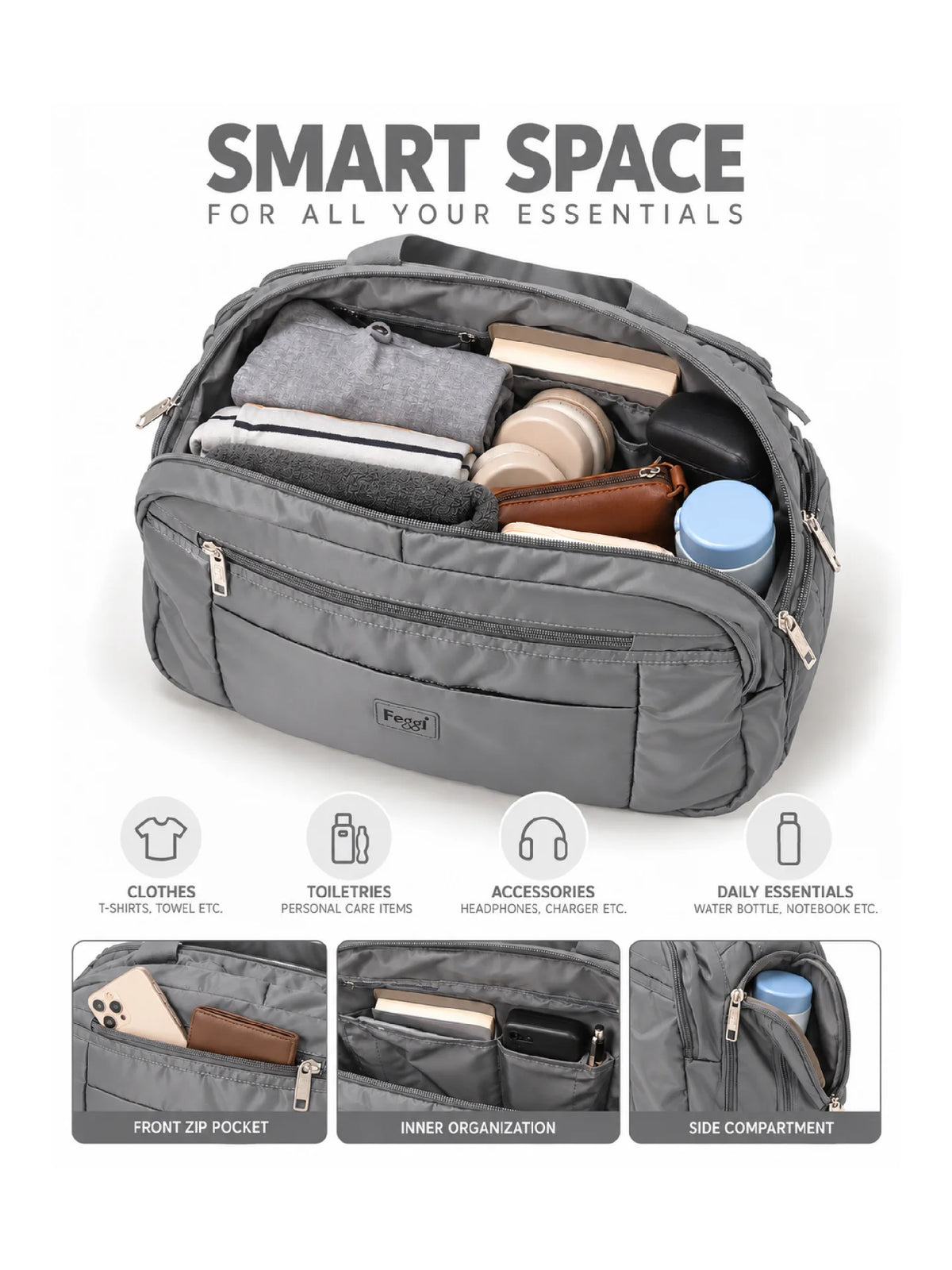 Feegi Multi-Pocket Travel Business Bag – Grey
